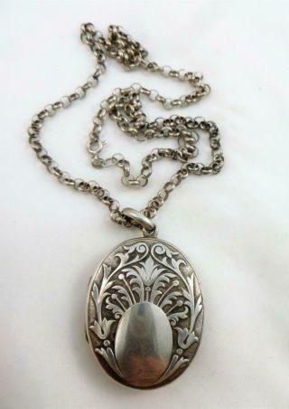 Large Antique Victorian Art Nouveau Sterling Silver Ornate Locket Necklace 1890s 2