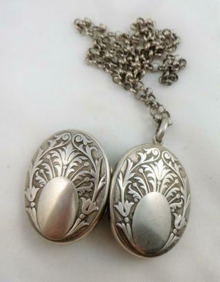 Large Antique Victorian Art Nouveau Sterling Silver Ornate Locket Necklace 1890s 3