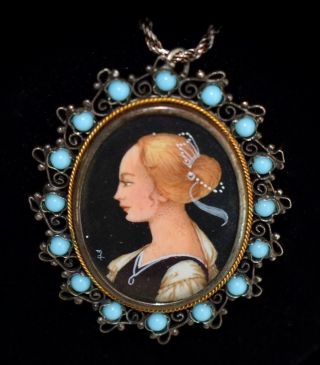 Stunning Vtg Hand Painted Silver Portrait Encased Filigree Blue Jewels Pendant