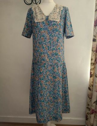 LAURA ASHLEY Vintage 80s LACE COLLAR COTTON FLORAL GATSBY FLAPPER dress 12 2