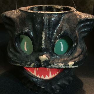 Vintage Halloween Paper Mache Pulp 5 " Black Cat Jack O Lantern W/insert 1940 
