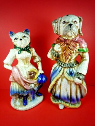 Large Vintage Cat & Dog In Victorian Attire Ceramic Crackle Stoneware Figurines