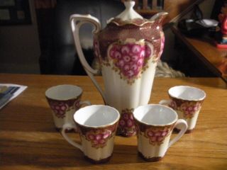 Vintage Rs Prussia Hot Cocoa Set,  Red,  Roses,  Floral,  4 Cups And Covered Pot