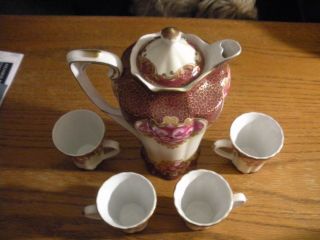 Vintage RS Prussia Hot Cocoa Set,  Red,  Roses,  Floral,  4 Cups and Covered Pot 4