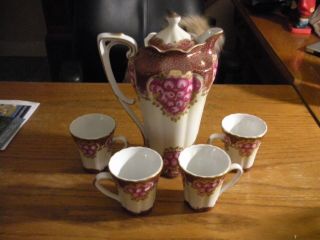 Vintage RS Prussia Hot Cocoa Set,  Red,  Roses,  Floral,  4 Cups and Covered Pot 5