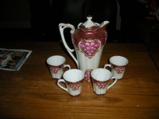 Vintage RS Prussia Hot Cocoa Set,  Red,  Roses,  Floral,  4 Cups and Covered Pot 6