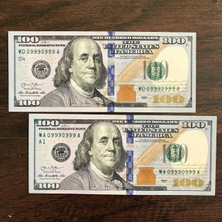 2013 $100 Matching Fancy Serial Number 0999 0999 - Rare - Cu