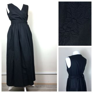 Vintage Laura Ashley Black Maxi Linen Wrap Dress Floral Embroidered 14 10 12
