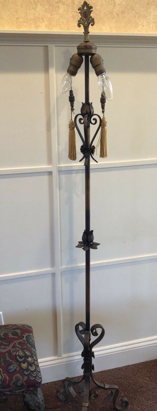 Antique Vintage Floor Lamp Cast Iron Brass Dual Cluster W Jeweled Topper