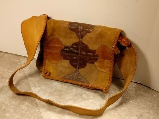 Vintage Handmade Multi - Color Leather Hand Tooled Mexico Made Signed Shoulder Bag