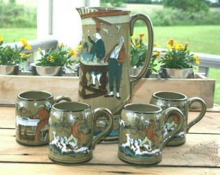 Antique Buffalo Pottery Deldare Ware Tall Tankard Pitcher W/ 4 Mugs 1908 - - 09