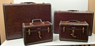 Vintage 4 Pc Samsonite Faux Alligator Skin Luggage Set Makeup Train Case Brown