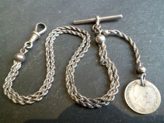 Victorian Solid Silver Albert Albertina Pocket Watch Chain And 1881 Coin Fob