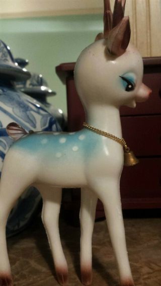 Vintage Christmas Plastic Blue Reindeer Rare Deer Gold Bell Figure Hong Kong 8 "
