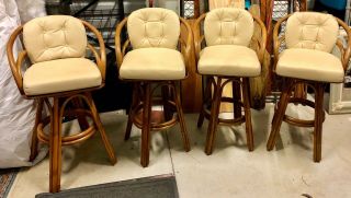 4 Vintage Tiki Cane Bamboo Bent Wood Swivel Bar Stools Mid Century Danish