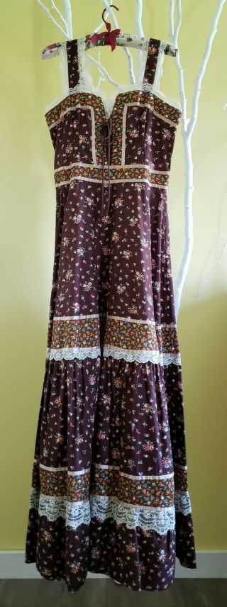 1970s Gunne Sax by Jessica Floral Dress Peasant Prairie Maxi BOHO Corset Size 13 2