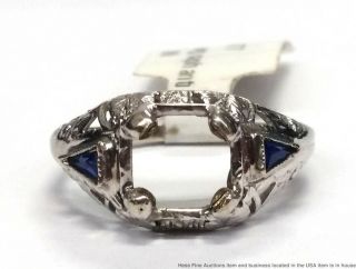 18k White Gold Filigree Sapphire Vintage Art Deco Diamond Mounting Size 4.  5