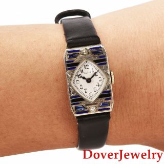Vintage Deco Elgin Diamond Sapphire 14k Gold Leather Ladies Watch 16.  5 Grams Nr