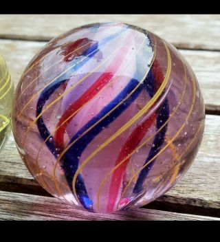 1 & 23/32 " - Rare Tinted Pink Base Glass Tri Stage Antique Pontil Marbles (nm, )