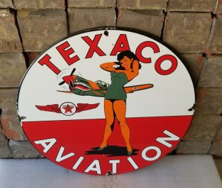 Vintage Texaco Gasoline Porcelain Military Pinup Girl Service Pump Plate Sign