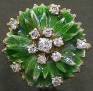 Vintage Heavy 14k Gold.  75ct Vs Diamond Green Enamel Flower Ring Size 6.  5