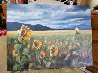 Vintage Field Of Sunflowers Painting By R.  Renfro 1981 Newman Lake Country