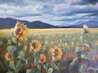 Vintage Field of Sunflowers Painting by R.  Renfro 1981 Newman Lake Country 2