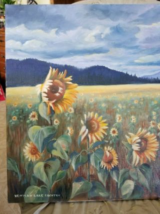 Vintage Field of Sunflowers Painting by R.  Renfro 1981 Newman Lake Country 3