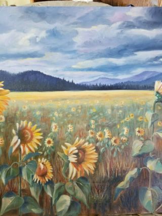 Vintage Field of Sunflowers Painting by R.  Renfro 1981 Newman Lake Country 4