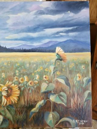 Vintage Field of Sunflowers Painting by R.  Renfro 1981 Newman Lake Country 5