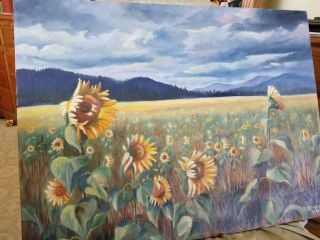 Vintage Field of Sunflowers Painting by R.  Renfro 1981 Newman Lake Country 8