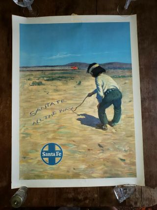 1950s Vintage Poster Santa Fe Railroad - Santa Fe All The Way - Navajo Boy