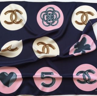 Authentic Chanel Dark Blue Logo Camellia Heart Multi Print 100 Silk Scarf