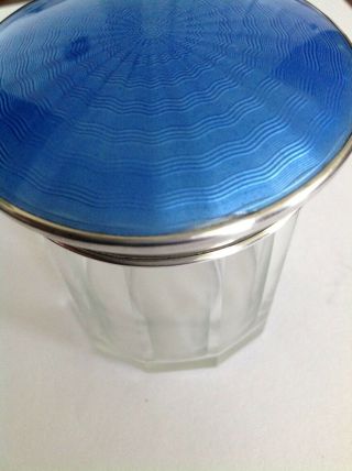 Fine Antique Sterling Silver & Blue Guilloche Enamel Topped Circular Jar / Pot 6