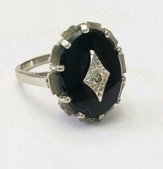 Antique Estate Art Deco 10k White Gold Black Onyx Diamond Ring Size 7.  5