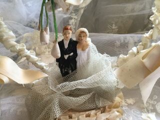 Antique Vtg Heart Shape 1930 - 40 ' s wedding bridal cake topper satin ribbon tulle 2