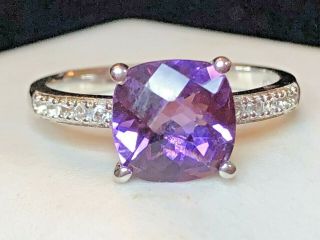 Vintage Estate 14k White Gold Natural Purple Amethyst Diamond Ring Cushion Cut