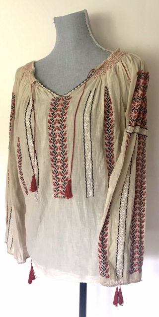 Vtg 1940’s Romanian Peasant Sheer Hand Embroidered Boho Gauze Gypsy Blouse Top L