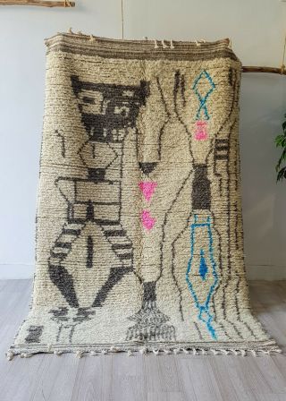 Moroccan Rug Handmade Vintage Beni Ourain Carpet,  Azilal Wool Rug 4.  7 Ft/ 7.  8 Ft