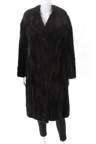 Black Glama Womens Vintage Mink Fur Notched Collar Long Coat Brown Size Medium