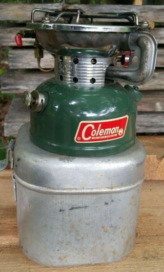 Vintage 1969 Coleman 502 Single Burner Camp Stove With Cook Kit.  Very