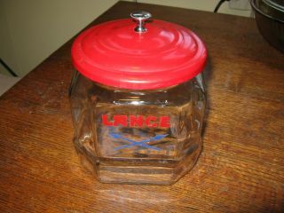 Vintage Lance Jar Glass 8 Sided Rare Cracker Cookie Jar 8x7x6.  5 Metal Lid