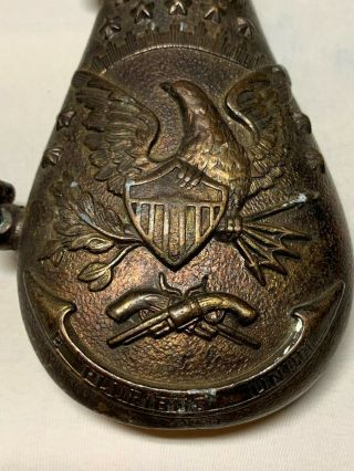 Antique Civil War Era Embossed Bronze/brass Black Powdrer Flask Crossed Flags