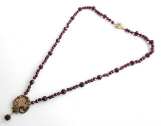 Vintage Antique Garnet Gold Fill Fluer De Lea Pendant 6mm Beaded Necklace