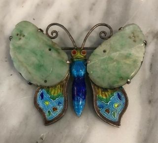 Vintage Asian Chinese Silver Carved Jade & Enamel Cloisonné Butterfly Pin Brooch