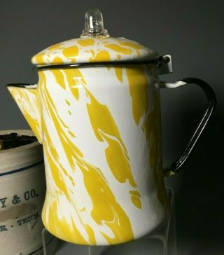 Vtg Yellow & White Swirl Agate Enamelware Coffee Pot Granite Ware Enamel Pitcher