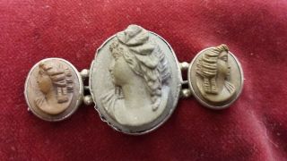Very Fine Victorian Egyptian Revival Lava Cameos Set In White Metal Brooch Pin