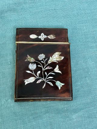 Antique Victorian Tortoise Shell Calling Business Card Case - Mother Pearl Inlay