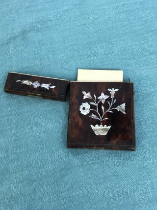 Antique Victorian Tortoise Shell Calling Business Card Case - Mother Pearl inlay 7