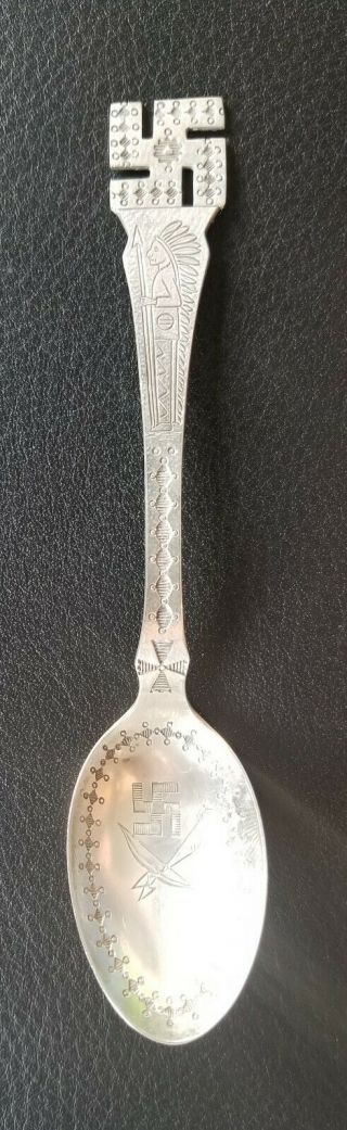 Sterling Silver Souvenir Spoon With Swastika And Indian